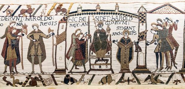Scene op het tapijt van Bayeux: de kroning van Harold