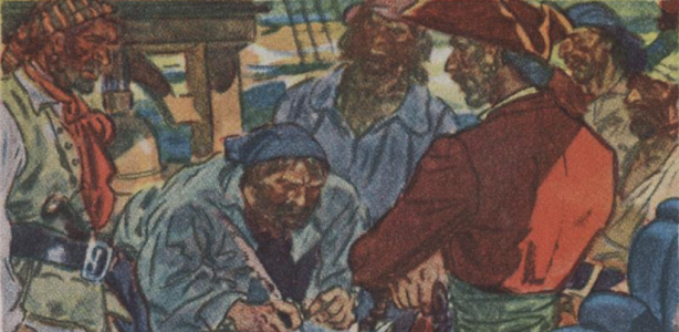 Een piraat tekent de 'Articles'. Cards were manufactured by Pac-Kups Inc for the Dixie Cup Company of Easton, PA, Public domain, via Wikimedia Commons Piratencode