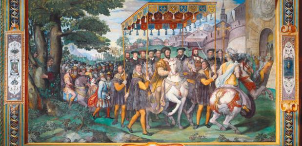 Karel V en Frans I bij de gezamenlijke intocht in Parijs op 1 januari 1540, tijdens een wapenstilstand.