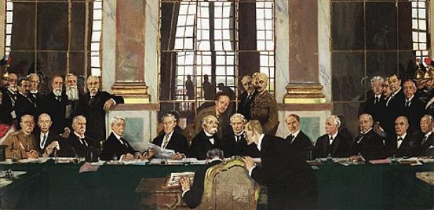 De ondertekening van de vrede in de Spiegelzaal, Versailles 28 juni 1919. 