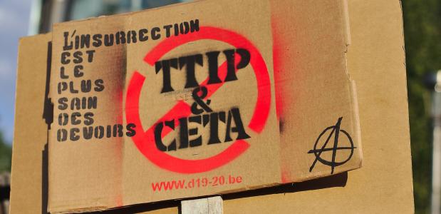 Stop TTIP en CETA protesten in Brussel in 2019. De Internationale Handelsorganisatie was een gelijksoortig initiatief.