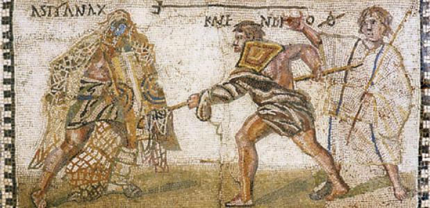 Mozaïek uit de 4e eeuw n.Chr. van twee gladiatoren, Astyanax en Kalendio. Bron: Nationaal Archeologisch Museum Madrid.