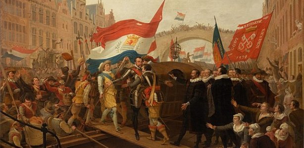 Het ontvangst van Willem van Oranje en de watergeuzen door burgemeester Van der Werf en het Leidse stadsbestuur 