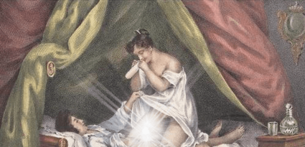 Een vrouw controleert het herbruikbare condoom. Bron: Schilderij 'De voorzichtige geliefde' van Nicolas Tassaert uit 1860.