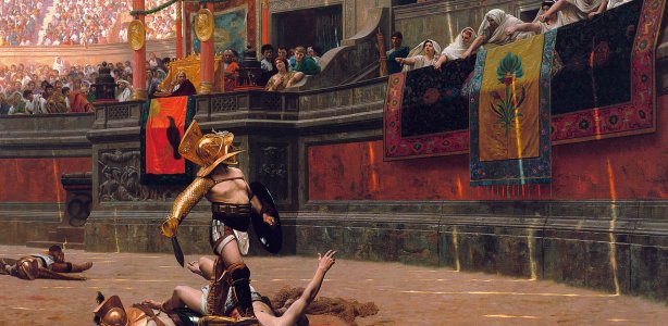 Een gladiatorengevecht in het Colosseum Bron: Jean-Léon Gérôme, Public domain, via Wikimedia Commons Gladiatorengevecht in het Colosseum