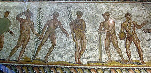 Mozaïeken vloer van Olympische winnaars die de laurierkrans dragen, uit het museum van Olympia. Bron: Wikimedia Commons.