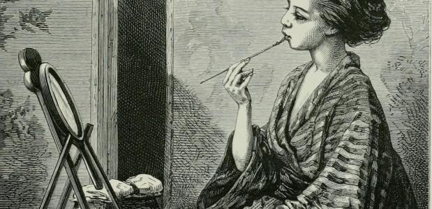 Illustratie van een Japanse vrouw die haar lippen kleurt (1874)