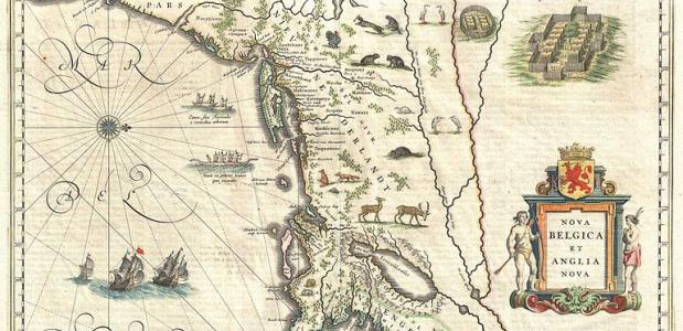 Een map van Nieuw Nederland en Nieuw Engeland uit 1635, gemaakt door Willem Blaeu. Bron: Wikimedia Commons.