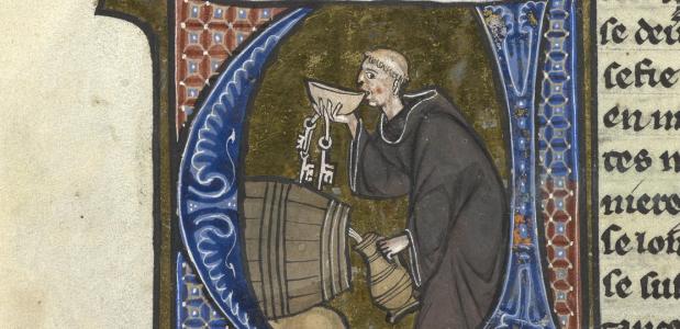 Monnik drinkt bier uit biervat (13e eeuw)