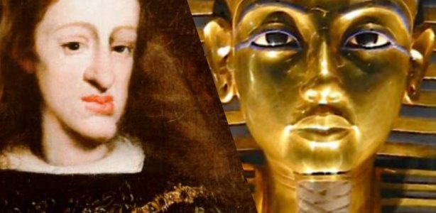 Karel II met zijn Habsburger kin en het masker van Toetanchamon bronnen: Unidentified painter, Public domain, via Wikimedia Commons, en:User:MykReeve, CC BY-SA 3.0 <http://creativecommons.org/licenses/by-sa/3.0/>, via Wikimedia Commons Karel II en Toetanchamon