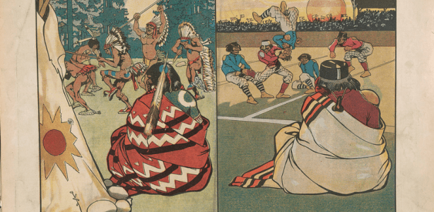 Op de prent zijn twee karikaturen van indianen afgebeeld: een oorlogsdans uit het verleden en een voetbalwedstrijd uit het heden. Een vlag van de Carlisle Indian School wappert aan een paal op de tribune, Albert Levering, Public Domain, via Library of Congress Inheemse Amerikaan
