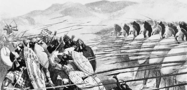 Een scène uit de Slag bij Plataeae. Een kunstwerk van John Steeple Davis. Bron: Wikimedia Commons.