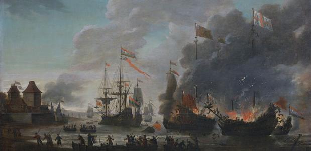 Brandende Engelse schepen tijdens de Tocht naar Chatham in 1667 door Jan van Leyden