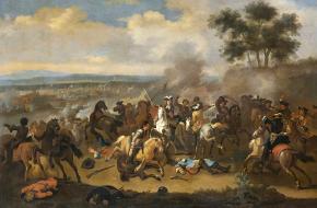 De slag aan de Boyne tussen Jacobus II van Engeland en Willem III van Oranje. Een schilderij van Jan van Huchtenburgh.