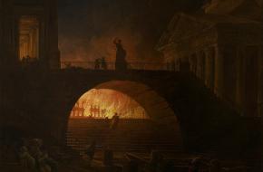 De brand van Rome. Een schilderij door Robert Hubert uit het Musée d'art moderne André Malraux [226], 1785. 