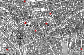 Plattegrond van Londen, op de plekken wwaar Jack the Ripper in 1888 zijn slag sloeg.