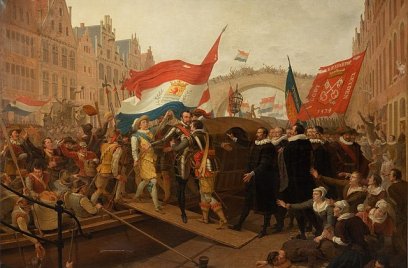 Het ontvangst van Willem van Oranje en de watergeuzen door burgemeester Van der Werf en het Leidse stadsbestuur 