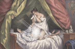 Een vrouw controleert het herbruikbare condoom. Bron: Schilderij 'De voorzichtige geliefde' van Nicolas Tassaert uit 1860.