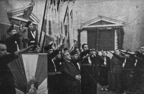 Leden van de Griekse Nationale Jeugd Organisatie (EON) groeten Ioannis Metaxas, 1938. Bron: Wikimedia Commons.