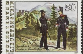 Postzegel met daarop soldaten van het Liechtensteinse leger