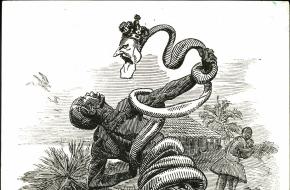  Leopold II als slang om de arm van een Congolese man die rubber oogst