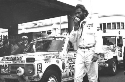 Thierry Sabine, oorspronkelijke organisator van de rally, in de haven van Algiers, 4 januari 1986