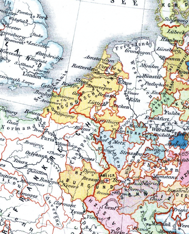 Kaart van midden europa van 1477, gemaakt in 1879 door H. Kiepert