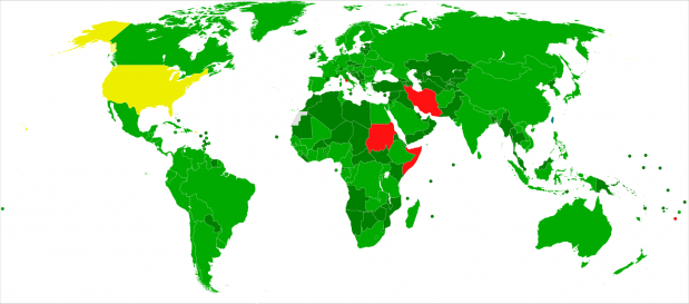 Kaart over welke landen meedoen aan het Verdrag inzake de uitbanning van alle vormen van discriminatie van vrouwen naleven