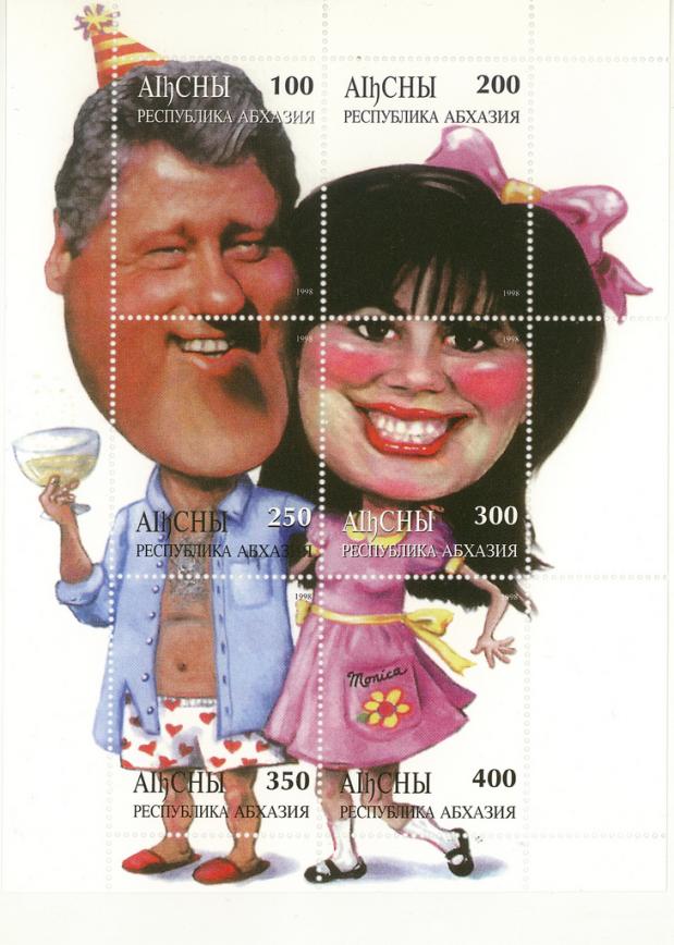 Clinton en Lewinsky op een postzegel.