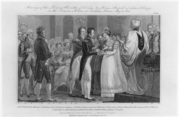Een gravure die het huwelijk tussen Charlotte en Leopold toont