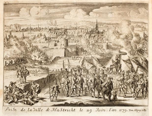 Het Beleg van Maastricht, met Farnese op een draagstoel onder een parasol