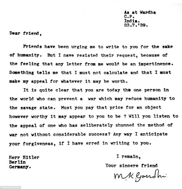 Brief Mahatma Gandhi aan Adolf Hitler tweede wereldoorlog dear friend