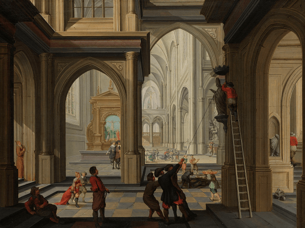 Beeldenstorm in een kerk (schilderij uit 1630)