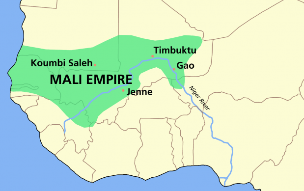 Het Mali koninkrijk op zijn grootst, ten tijde van Mansa Moussa