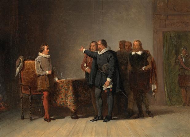 Oldenbarnevelt brengt Maurits het bericht van zijn aanstelling tot stadhouder, 1585. Paul Tétar van Elven, 1838. (Wikimedia Comm