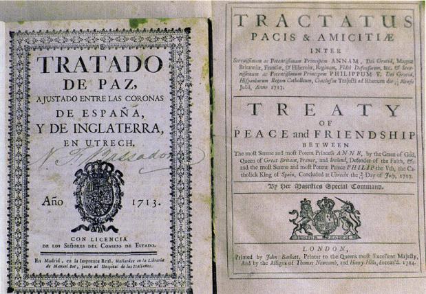 De eerste editie van de Vrede van Utrecht. Links in het Spaans, en rechts in het Latijn en Engels.