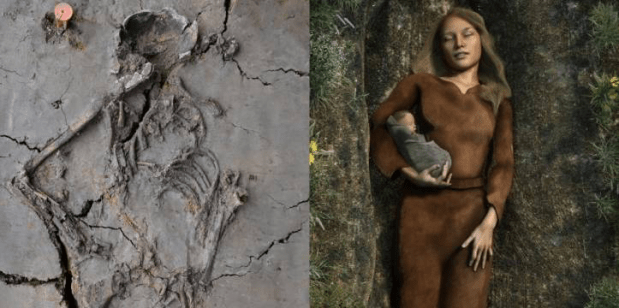 Links een afbeelding van de menselijke resten van de jonge vrouw. Rechts een reconstructie. 
