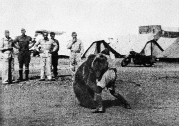 Wojtek worstelt met een soldaat in het legerkamp. 