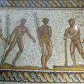 Mozaïeken vloer van Olympische winnaars die de laurierkrans dragen, uit het museum van Olympia. Bron: Wikimedia Commons.