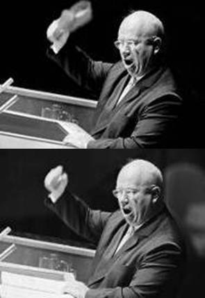 Al snel verscheen er in de pers de beroemde foto van Chroesjtsjov met een schoen in zijn hand (boven), maar het bleek te gaan om een bewerking van een foto uit een VN vergadering van enkele weken eerder (onder). Van het beruchte 'Schoenincident' is nooit beeldmateriaal teruggevonden.