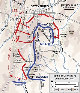 De situatie op de derde dag, met de troepen van de Unie (blauw) en de Confederatie (rood) (Kaart gemaakt door Hal Jespersen, www.posix.com/CW)